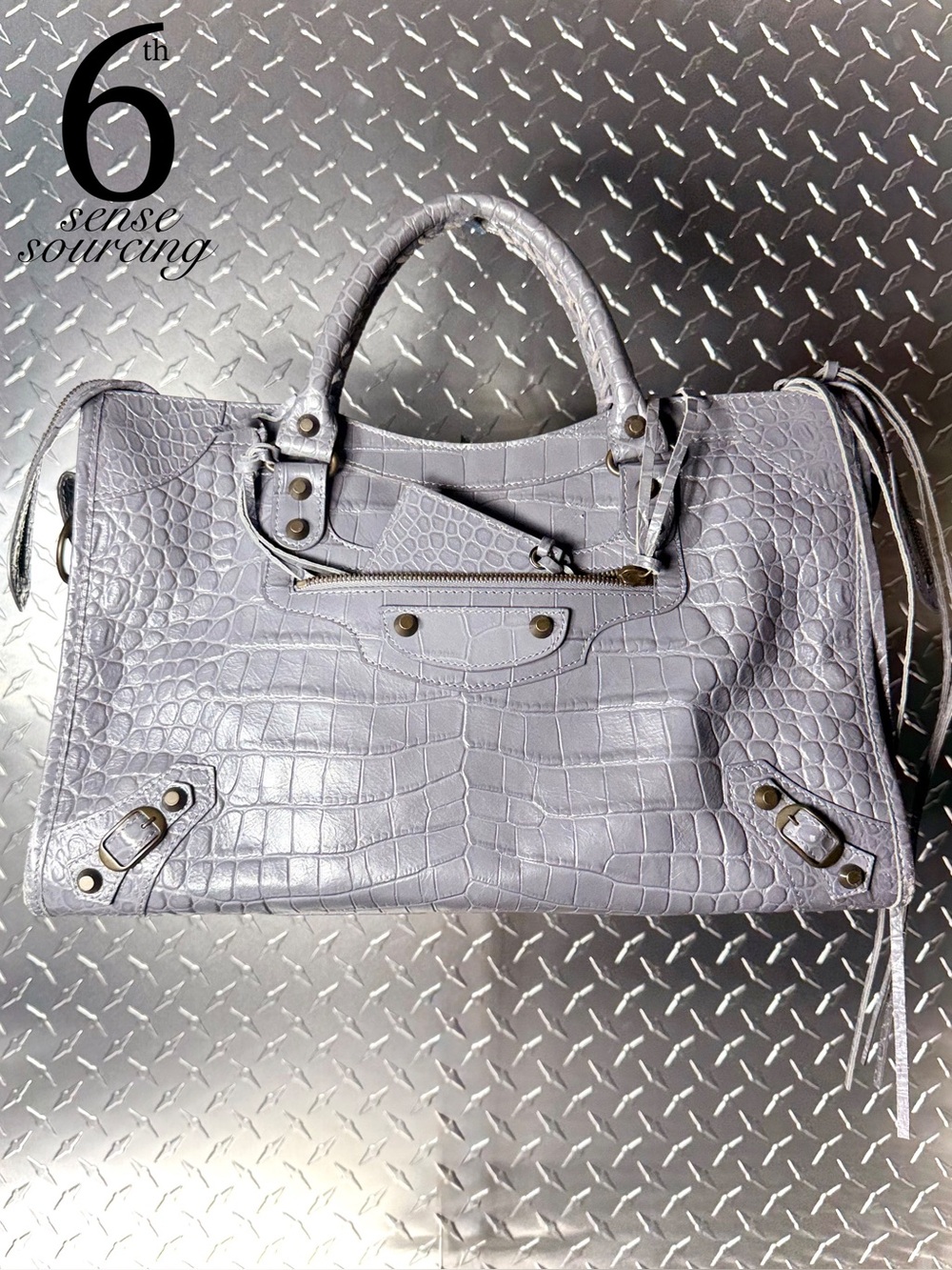 Balenciaga Croc Embossed Moto Medium City Bag in Grey